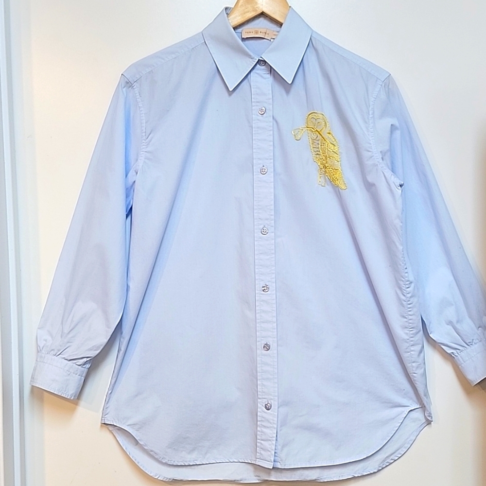 Tory Burch Light Blue Button Down Shirt with Gold Embroidery - Picture 3 of 16